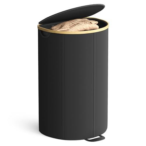 SONGMICS Laundry Hamper, Laundry Basket with Lid, 23.8 Gal. (90 L), with Removable Liner Bag, for Laundry Room, Bedroom, Living Room, Ink Black and Light Bamboo ULCB547B01 - color: Ink Black, size: 90 L (1-Section with Half Moon)