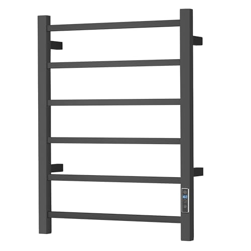Electric Heated Towel Warmer - Wall Mounted Bathroom Towel Rack, Plug-in Design & Brushed Stainless Steel Black with Timer & Temperature Control 6 Bar - color: Square Black With Timer, size: 6 Bar