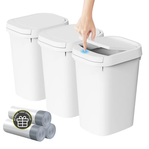 KSSKSS 3 Pack Bathroom Small Trash Can with Lid, 2.6 Gallon Slim Garbage Bin with Pop-Up Lid, 10L Plastic Wastebasket for Bedroom, Office, Kitchen, Toilet (White) - color: White-included Trash bags