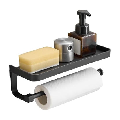 Paper Towel Holder Wall Mount with Shelf, Bathroom/Kitchen Paper Towel Holder, Effortless One-Handed Tear, Rust-Proof Metal for Bedroom - color: Black