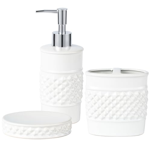 3-Piece White Ceramic Bathroom Accessories Set - Luxurious Soap Dispenser, Toothbrush Holder & Soap Dish with Modern Geo Embossed Design for Bathroom Accessory Set - color: White 024