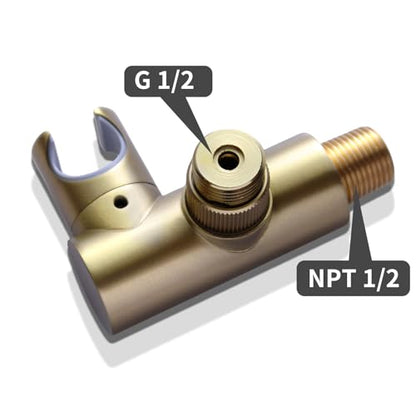 Bathroom Brass Round Water Supply Elbows Angle Adjustable Wall Mount HandHeld Shower Head Bracket with On/Off Flow Control Holder, Brushed Gold - color: Brushed Gold
