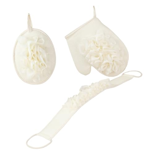 Triple Bath Scrub Set with Extended Back Scrubber Cleans Exfoliator Soft Washcloth Spa Grade Bathroom Essential Bath Scrubber Set - color: White