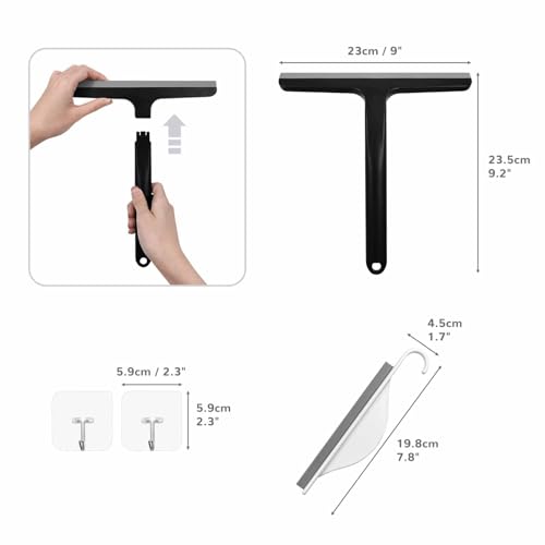 Daily Treasures 2PCS Rubber Squeegee for Shower Glass Door - Black Shower Squeegee with Hook and Small Squeegee, Extended 8.6'' Handle, for Car Windows, Tiles, Mirror and Bathroom Doors