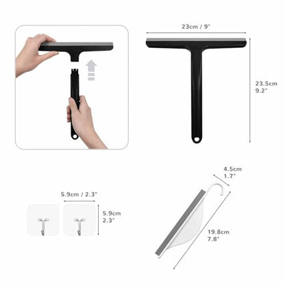 Daily Treasures 2PCS Rubber Squeegee for Shower Glass Door - Black Shower Squeegee with Hook and Small Squeegee, Extended 8.6'' Handle, for Car Windows, Tiles, Mirror and Bathroom Doors