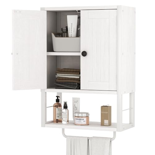 Homeiju Rustic Wall Mounted Medicine Cabinet, White Wood Storage Cabinet with Two Barn Doors, Shelf and Towel Bar for Bathroom, Living Room, Kitchen, White - size: 29.9'' H