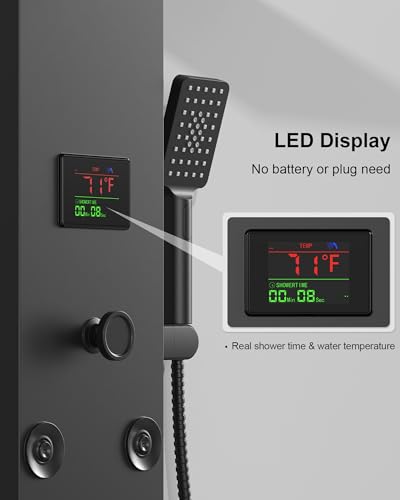5 In 1 Shower Panel Tower System Stainless Steel Bathroom Panel Matte Black | LED Rain Waterfall Shower Head and Adjustable Massage Body Jets 3 Settings Handheld Head and Tub Spout by Homevacious - color: Matte Black