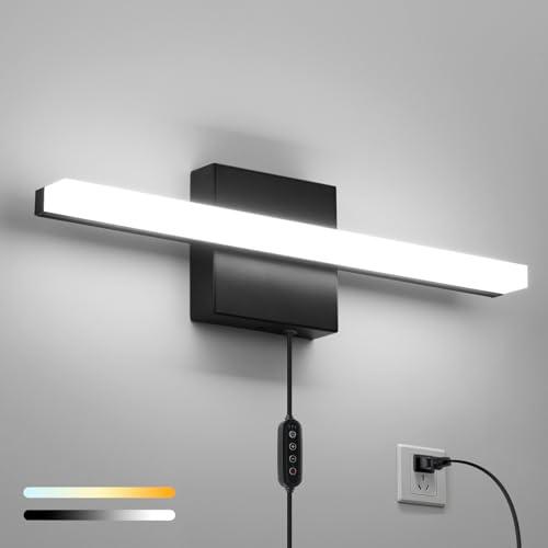 Black Plug in Vanity Light Bar Corded for Bathroom Lighting Fixture No Wiring, 16Inch 5 Colors Adjustable Dimmable Modern Bright Daylight Mirror Lamp for Wall Dressing Room Makeup (with Plug) - color: 5CCT-Dimmable-With Plug, size: 16inch