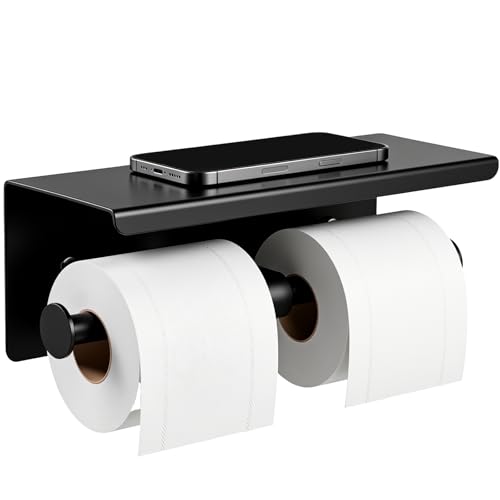 Double Toilet Paper Holder with Shelf, Wall Mount Tissue Roll Holder for Bathroom, 304 Stainless Steel Commercial Toilet Tissue Dispensers with Phone Shelf(Black) - color: Black