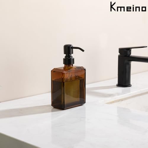Amber Soap Dispenser Square Bottle and Black Pump, Glass Dish Soap Dispense, Refillable Hand Soap Dispenser with Stainless Steel Pump, 13.5 oz Lotion Dispenser for Bathroom, Kitchen Countertop - color: Amber Bottle With Black Pump, size: 13.5oz-Square