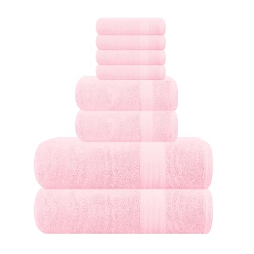 GLAMBURG Ultra Soft 8-Piece Towel Set - 100% Pure Ringspun Cotton, Contains 2 Oversized Bath Towels 27x54, 2 Hand Towels 16x28, 4 Wash Cloths 13x13 - Ideal for Everyday use, Hotel & Spa - Pink - color: Pink, size: 8 Piece Towel Set