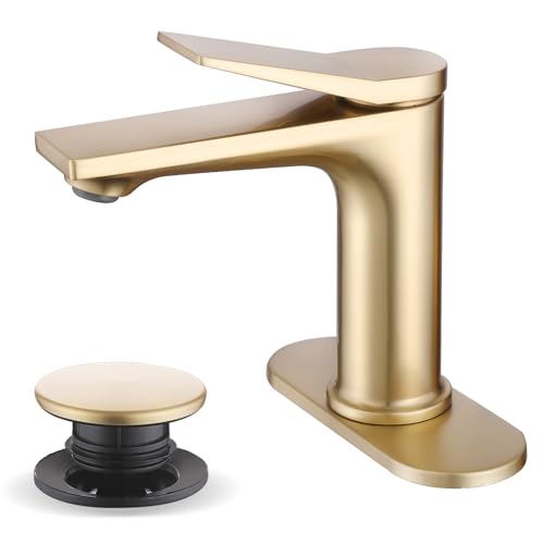 Rbrohant Single Hole Bathroom Faucet, Brushed Gold Single Handle Bathroom Sink Faucets for 1 Hole or 3 Hole, Bathroom Vanity Faucet with Pop up Drain and Cover Plate, Deck Mount, R2001-BGP - color: Brushed Gold, style: With Escutcheon