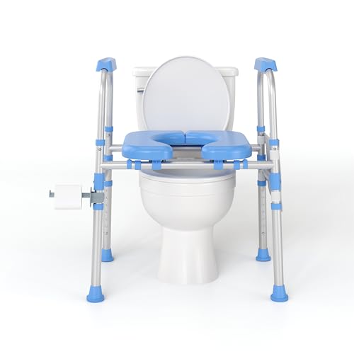 Heavy Duty Toilet Seat Riser for Seniors, Anti-Wobble Standalone Raised Toilet Seat with Handles, Adjustable Padded Commode Safety Frame for Bariatric, Handicap & Surgery Recovery - color: Cerulean