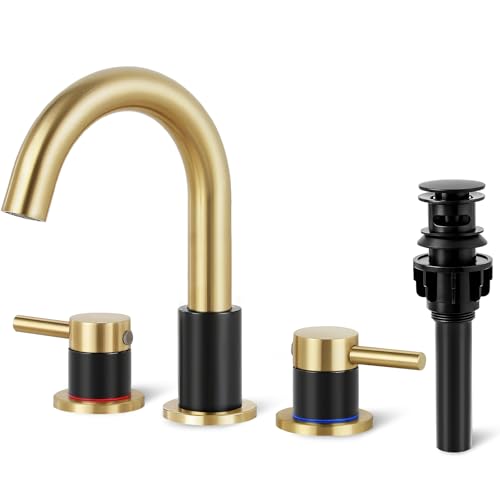 Black and Gold Bathroom Faucet 3 Hole, 2-Handle Widespread Faucet | Lead-free stainless steel, pop-up drain, Detachable faucet aerator, 360°swivel, for RV & vanity sink 3-hole mount - color: 1-Brushed Gold & Black, style: 8 Inch Widespread