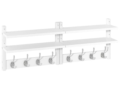 YMYNY Double Shelf Coat Rack Wall Mount with 8 Hooks, White HWS009W-2 | Wooden Coat Hanger Key Holder Wall Mount for Coats Hats Keys - Wood Wall Mounted Coat Rack with Shelf for Entryway & Bathroom - color: White