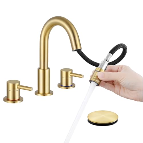 Brushed Gold Bathroom Sink Faucet 3 Hole with Pull Down Sprayer | Lead-free stainless steel, pop-up drain, 2-handle, 360°swivel, 8-inch widespread Faucet for RV/vanity sink, 3-hole mount - color: Brushed Gold, style: 8 Inch Pull Down