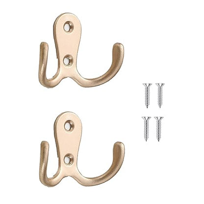 2 Pcs Double Prong Robe Hooks, Dual Coat Hooks Wall Mounted Hanging Clothes for Bathroom Bedroom Door Wall Retro Metal Cloth Hanger Double Coat Hooks with 4 Screws (Rose Gold) - color: Rose Gold