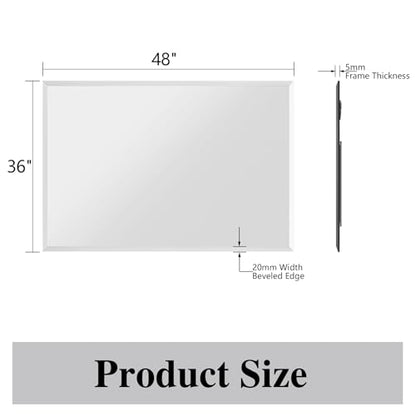 Frameless Bathroom Mirror, 48" x 36" Beveled Wall Mirror | 5mm HD glass, 20mm beveled edge, frameless, anti-rust, shatterproof, french cleat, horizontally or vertically - size: 48"L x 36"W