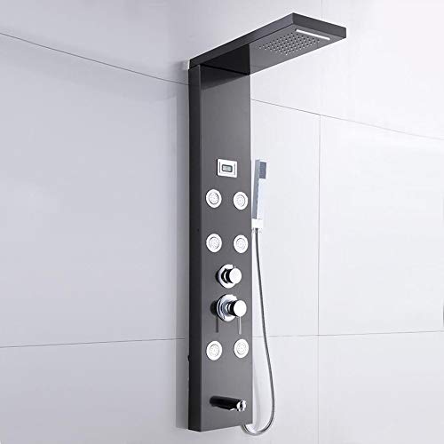 Black Shower Panel System Digital Display Shower Panel Tower Multifunction Stainless Steel Shower System with Rain Shower Head, Handheld Sprayer, Massage Body Jets, Tub Spout