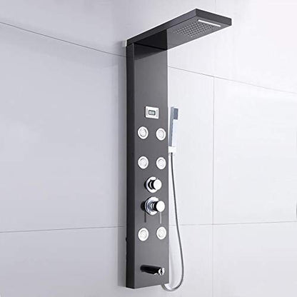 Black Shower Panel System Digital Display Shower Panel Tower Multifunction Stainless Steel Shower System with Rain Shower Head, Handheld Sprayer, Massage Body Jets, Tub Spout
