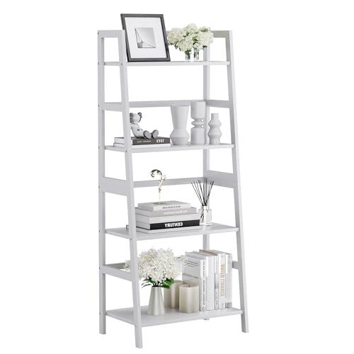 HITNET Ladder Shelf, 4 Tier Bookshelf, Floor Standing Bathroom Storage Rack with Bamboo Frame, Home Office Open Display Bookcase, White - color: White
