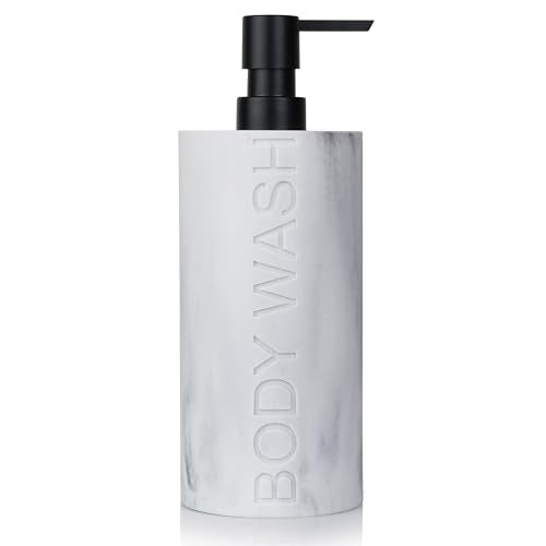 Resin White Marbled Body Wash Engraved Bottle Refillable Pump Dispenser, Durable Waterproof Construction for Bath, Shower - Resin White Marble - Matte Black Pump - color: Body Wash White Marbled