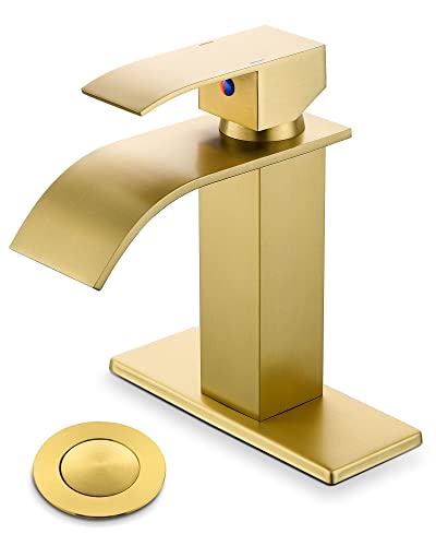Gold Bathroom Faucet, Waterfall Sink Faucet with Drain for 1 or 3 Hole | YardMonet Brushed Gold Bathroom Sink Faucet, Modern Waterfall Spout Faucet with Drain Assembly and Hose, 304 Stainless Steel - size: Short