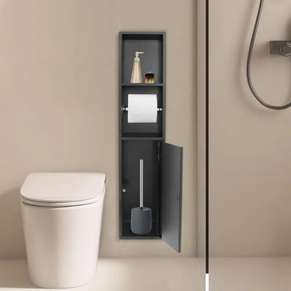 Recessed Toilet Paper Holder, 304 Stainless Steel Bathroom Toilet Paper Holder with Storage Cabinet for Toilet Brush Holder, Built-in Toilet Paper Dispenser (Black)