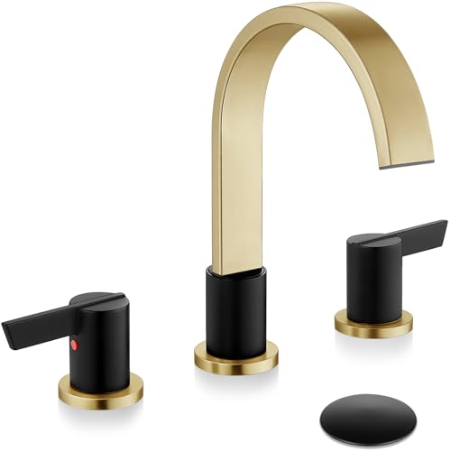 Midanya 8 Inch Widespread Bathroom Sink Faucet 3 Hole,Black and Gold Spout | Waterfall Swivel Spout,2 Handle,SUS304,with Pop Up Drain,cUPC 24" Water Hose,for 6-16” hole distance vanity,RV,Farmhouse Sink - color: Black/Gold Spout