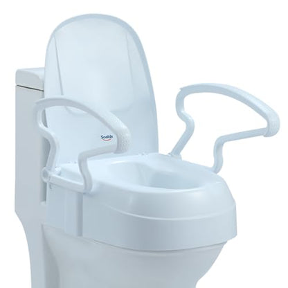 Raised Toilet Seat with Handles for Seniors, 3-Level Height Riser | with Lid, Flip-Up Arms, Fits 15.5"-19" Standard & Elongated Toilets, Secure Rear Lock, Supports 300 lbs, Easy Install