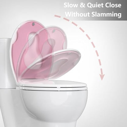 17" Round Toddler Toilet Seat, Built-In Potty Training Seat with Soft Quiet Close Non-Slip Design, Magnetic Kids Seat and Cover for Family Bathrooms, Durable and Easy to Clean,Pink - color: Pink, with Toddler Seat, size: Round (17″)