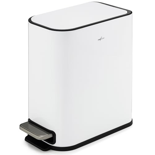 RED FACTOR Slim Small 1.3 Gallon Stainless Steel Pedal Trash Can with Soft Close Lid for Narrow Spaces – Wastebasket Bin with Removable Inner Bucket - color: Metallic White