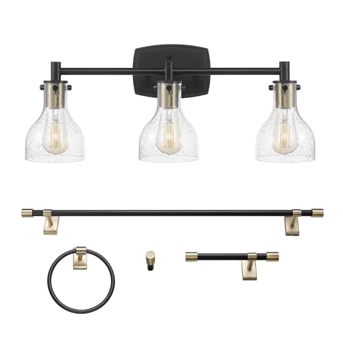 GLOBE Electric 63000062 5-Piece All-in-One Bathroom Set, Matte Black & Brass, 3-Light Vanity Light, Seeded Glass, Towel Bar, Toilet Paper Holder, Towel Ring, Robe Hook, Bathroom Lights Over Mirror - color: Matte Black, Bailey (5-Piece)