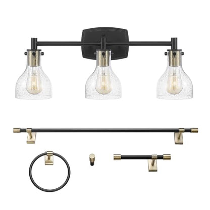 GLOBE Electric 63000062 5-Piece All-in-One Bathroom Set, Matte Black & Brass, 3-Light Vanity Light, Seeded Glass, Towel Bar, Toilet Paper Holder, Towel Ring, Robe Hook, Bathroom Lights Over Mirror - color: Matte Black, Bailey (5-Piece)