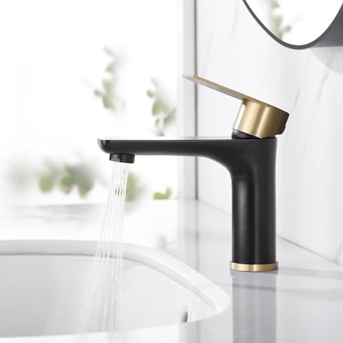 SUMERAIN Modern 304 Stainless Steel Bathroom Faucet Lead-Free Vanity Sink Faucet Black&Gold Single Handle Washbasin Faucet | Lead-Free, Single Handle, Unique Flow Pattern, Water-saving, Easy DIY Install - color: Black and Gold