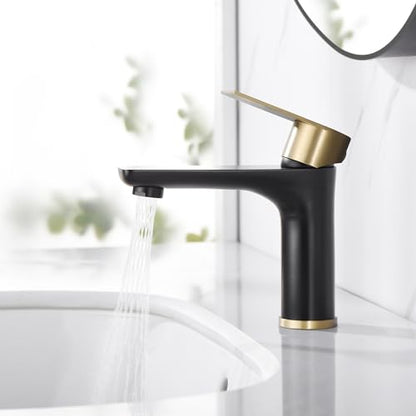 SUMERAIN Modern 304 Stainless Steel Bathroom Faucet Lead-Free Vanity Sink Faucet Black&Gold Single Handle Washbasin Faucet | Lead-Free, Single Handle, Unique Flow Pattern, Water-saving, Easy DIY Install - color: Black and Gold