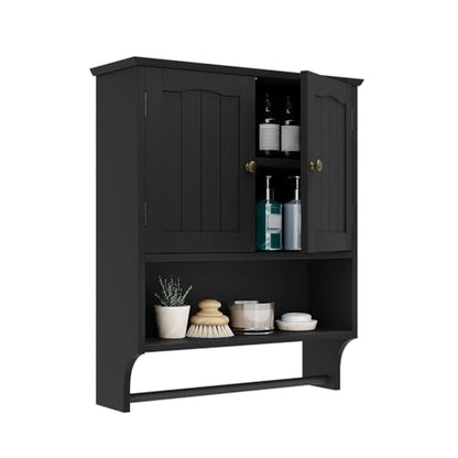 Smuxee Black Bathroom Cabinet Wall Mounted with Towels Bar, Medicine Cabinet with 2 Door Adjustable Shelves, Over Toilet Cabinet for Bathroom Laundry Room Kitchen - color: Black Big With Towels Bar
