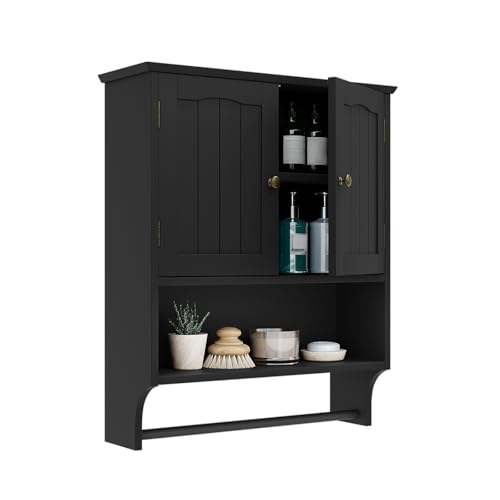 Smuxee Black Bathroom Cabinet Wall Mounted with Towels Bar, Medicine Cabinet with 2 Door Adjustable Shelves, Over Toilet Cabinet for Bathroom Laundry Room Kitchen - color: Black Big With Towels Bar