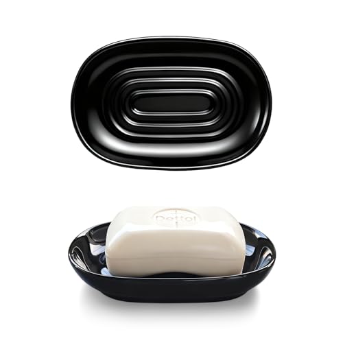 Ceramic Soap Dish for Bath Sink- Modern Black Bar Soap Holder for Shower - Easy to Clean Multi-Purpose Oval Soap Dishes for Soap Bar, Sponges, Jewelry, Small Items | Fits Bathroom & Kitchen - color: Black- Smooth Glossy