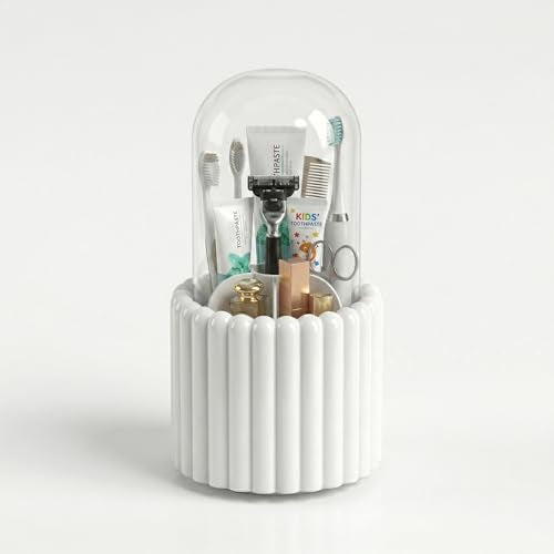 Toothbrush Holder with Sliding Lid, Toothbrush Holders for Bathrooms,360° Rotating Makeup Brush Storage Rack - Waterproof and Dustproof, Toothbrush Toothpaste Holder Beauty Brush (Snow-White) - color: Snow-white