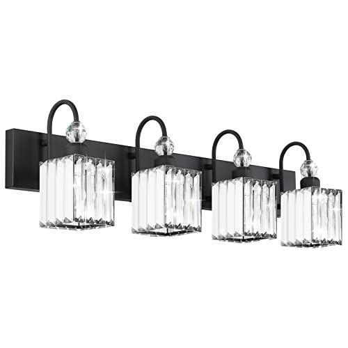 Ralbay Matte Black Crystal Vanity Light 4 Light Modern Crystal Bathroom Lighting Fixtures Over Mirror, Crystal Black Bathroom Vanity Light - color: Square-Black, size: 4-light