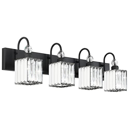 Ralbay Matte Black Crystal Vanity Light 4 Light Modern Crystal Bathroom Lighting Fixtures Over Mirror, Crystal Black Bathroom Vanity Light - color: Square-Black, size: 4-light