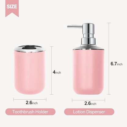Pink Bathroom Accessories Set 2 PCS, Soap Dispenser and Toothbrush Holder | Pink Bathroom Accessories, Plastic Set, Boho Bathroom Decor, Bathroom Set - size: 2pcs Pink