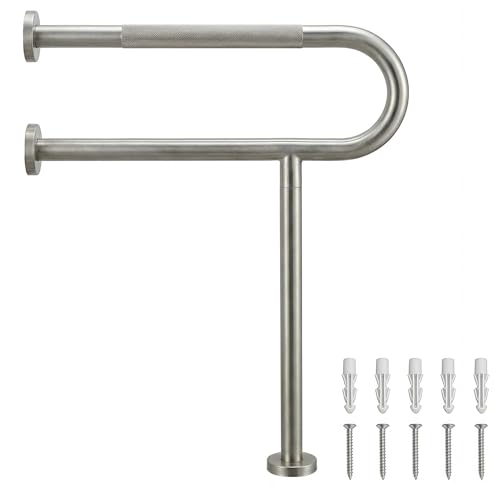 26 Inch Toilet Grab Bar with Leg for Bathroom, Wall & Floor Mounted Stainless Steel Handicap Grab Bar, Brushed Nickel Anti-Slip Knurled Grip, Safety Rail for Elderly, Disabled and Pregnant - size: 26 Inch