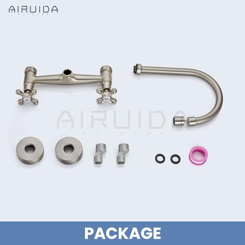 Airuida Brushed Nickel Wall Mounted Kitchen Faucet,Utility Sink Faucet | 8 Inch Adjustable Center,360° Swivel Spout,Wall Mount Commercial Faucet,Double Cross Handle - color: Brushed Nickel