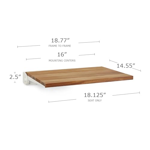 Seachrome 18 inch Silhouette Slimline Folding Wall Mount Shower Bench Seat, Natural Teak Wood with White Frame - color: Teak Wood With White Frame