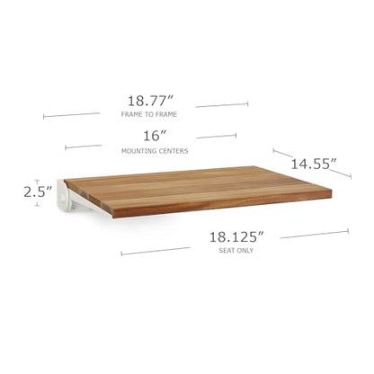 Seachrome 18 inch Silhouette Slimline Folding Wall Mount Shower Bench Seat, Natural Teak Wood with White Frame - color: Teak Wood With White Frame