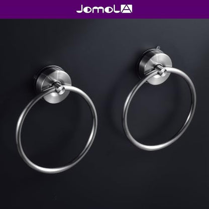 JOMOLA Stainless Steel Suction Cup Towel Ring Holder for Bathroom - Rustproof No Drill Wall Mount Towel Rack, Adjustable & Damage-Free Bathroom Accessories for Shower, Spa, Hotel, Brushed (2-Pack) - color: Silver-2 Pack