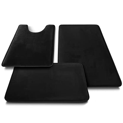 Clara Clark 3 Piece Bathroom Rugs Bath Mat Set, Velvet Memory Foam Bath Mats for Bathroom - Non-Slip, PVC Backing Bath Rugs, Washable - Dries Quickly, Black - color: Black