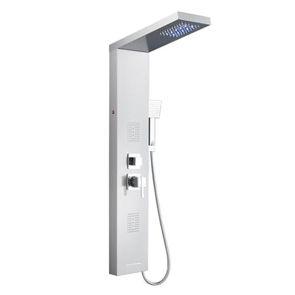 5-in-1 LED Shower Panel Tower System Stainless Steel Brushed Nickel | Rainfall head | 2-in-1 body jets | Handheld shower | Tub spout | LED lights | Wall mount - color: Brushed Nickel